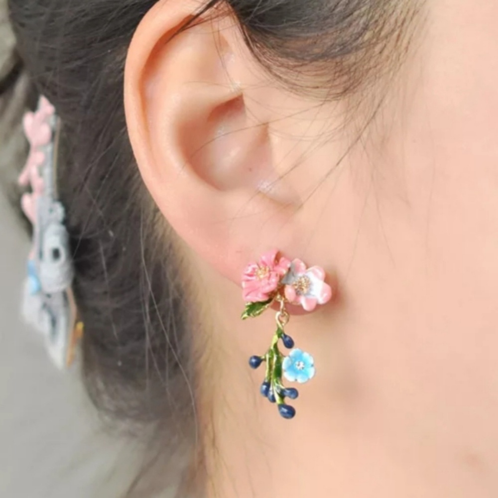 Artisan Cloisonne Flower Drop Earrings - Picture 6 of 6
